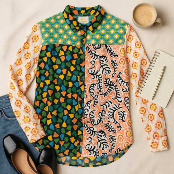 Maeve Anthropologie Patchwork Print Blouse M Artsy Boho Dopamine Top - Picture 3 of 11